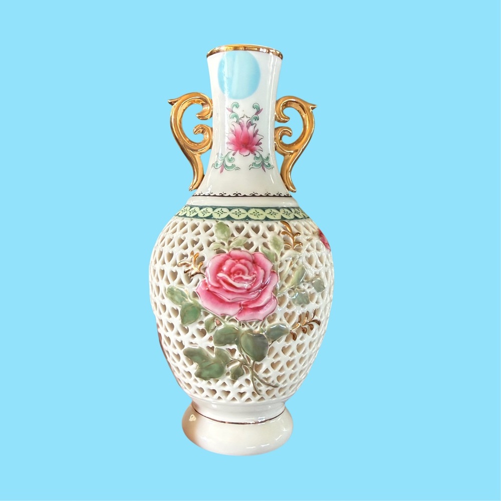 Elegant Floral Porcelain Vase with Reticulated Hearts and Gold Accents 6 inch